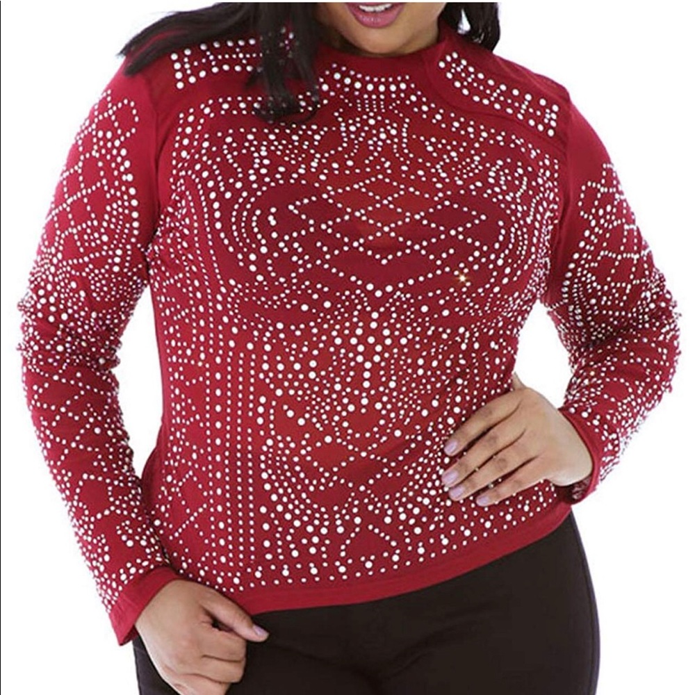 Plus Size Sparkling Studs Sheer Red Top